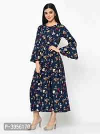 Women's Maxi Length Printed Blue Crepe Maxi Dress - Blue, L (38 inches)