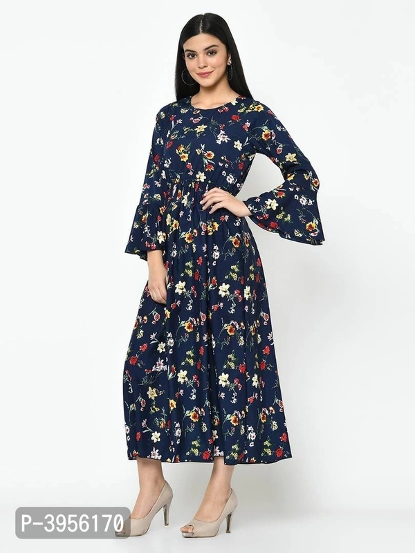 Women's Maxi Length Printed Blue Crepe Maxi Dress - Blue, L (38 inches)