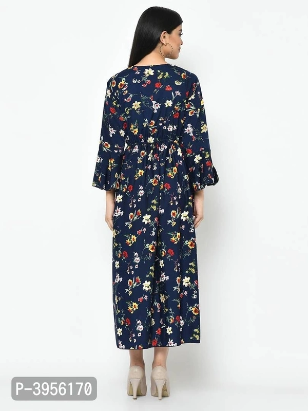 Women's Maxi Length Printed Blue Crepe Maxi Dress - Blue, L (38 inches)