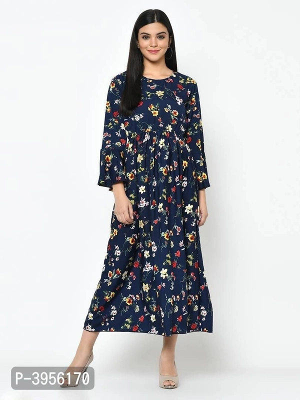 Women's Maxi Length Printed Blue Crepe Maxi Dress - Blue, L (38 inches)