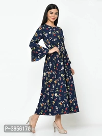 Women's Maxi Length Printed Blue Crepe Maxi Dress - Blue, L (38 inches)