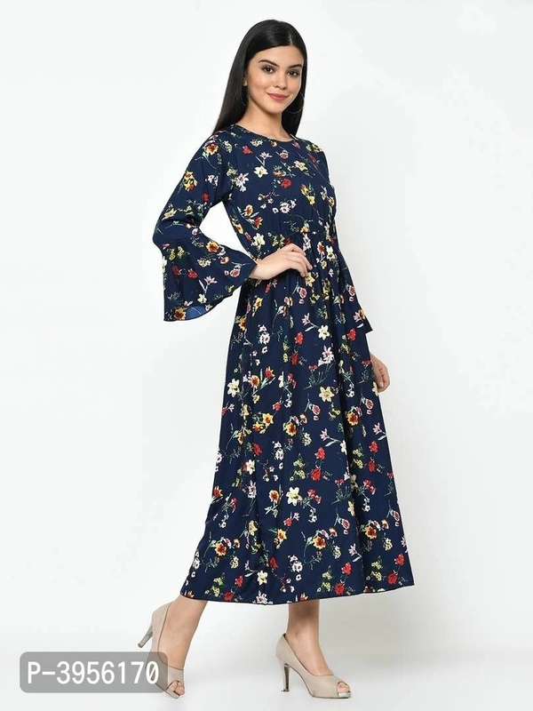 Women's Maxi Length Printed Blue Crepe Maxi Dress - Blue, L (38 inches)