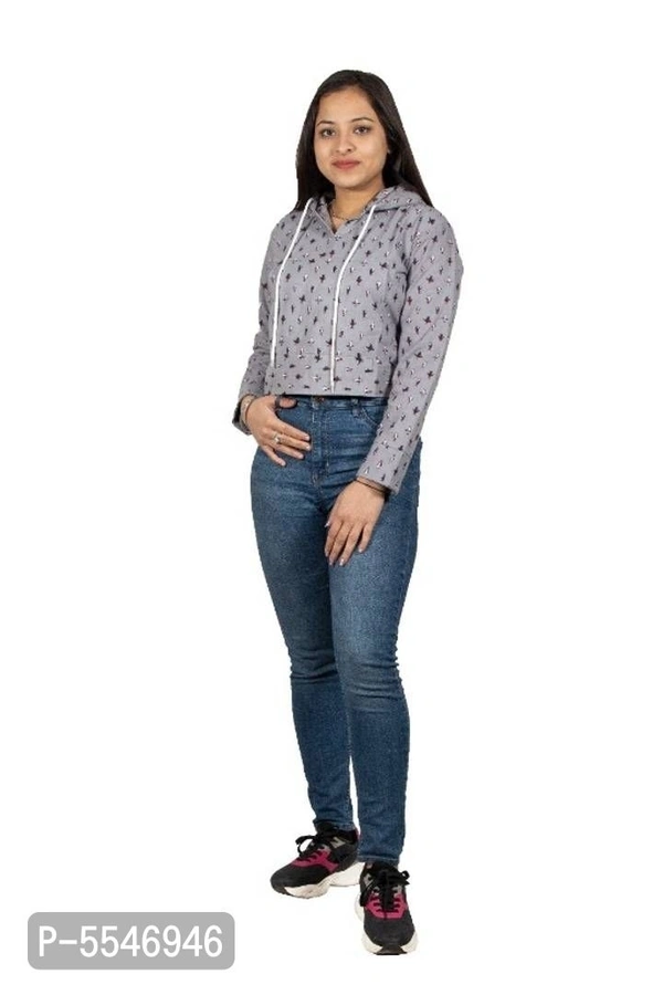 Fancy Hooded Crop Jacket for Women - Grey, M