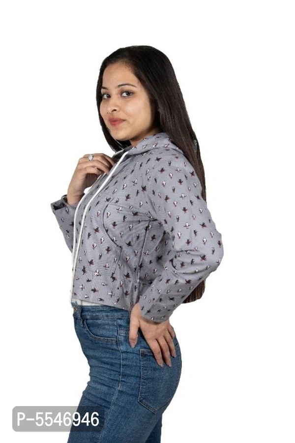 Fancy Hooded Crop Jacket for Women - Grey, M