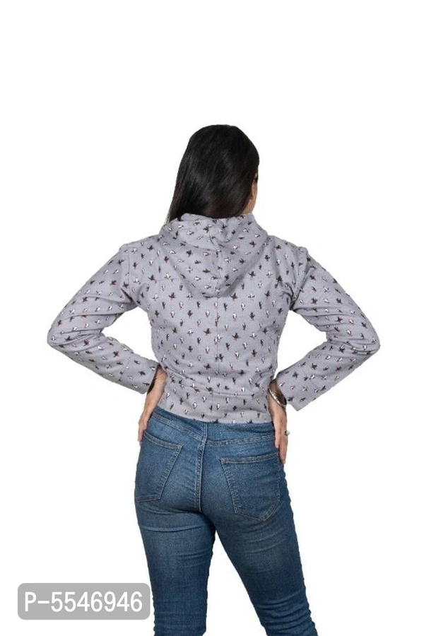 Fancy Hooded Crop Jacket for Women - Grey, M