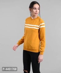 Vivient Women Mustured Plain White Stripe Pullover - Multicolour, M