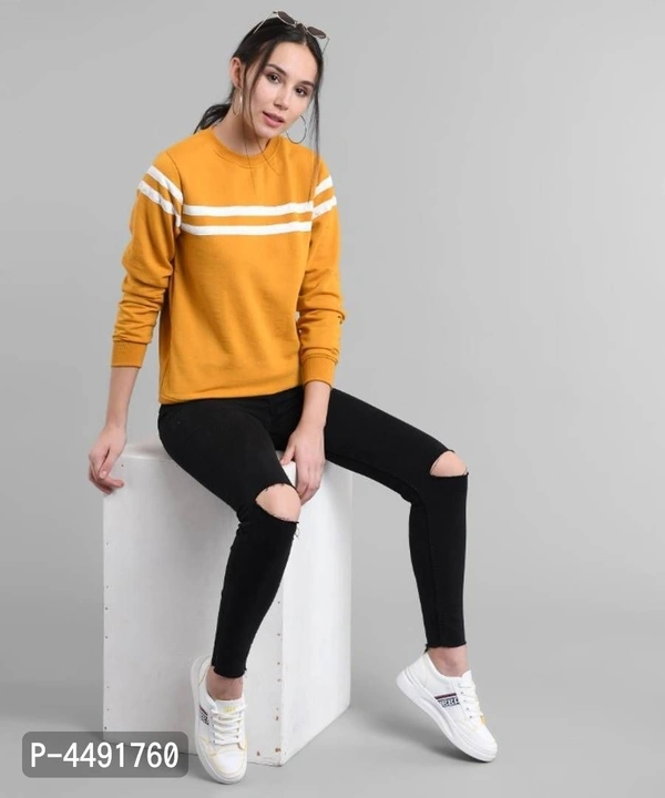 Vivient Women Mustured Plain White Stripe Pullover - Multicolour, M