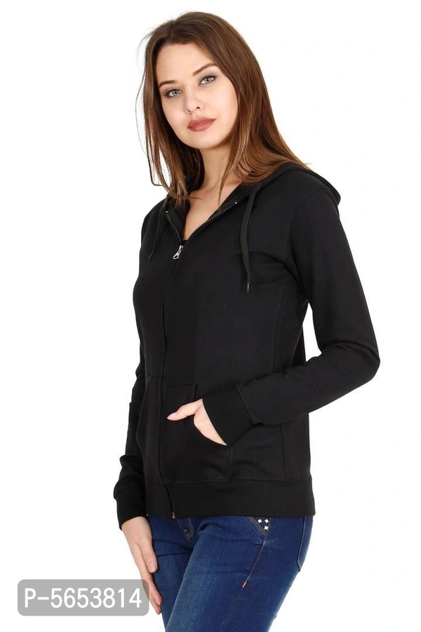 Stylish Cotton Black & Grey Solid Zip Open Full Sleeves Hooded Sweatshirt For Women - M, Multicoloured