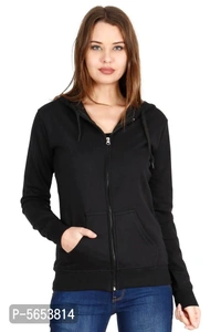 Stylish Cotton Black & Grey Solid Zip Open Full Sleeves Hooded Sweatshirt For Women - M, Multicoloured