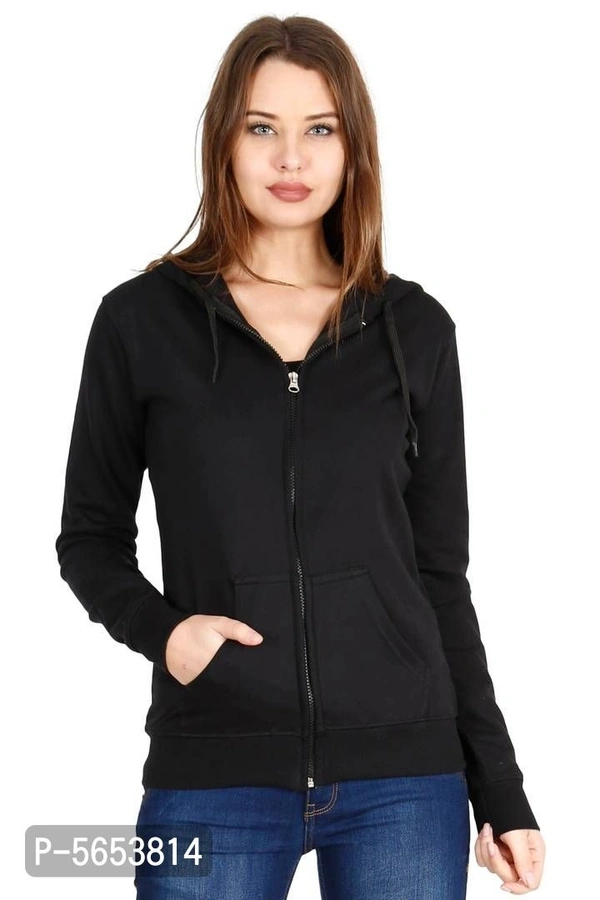 Stylish Cotton Black & Grey Solid Zip Open Full Sleeves Hooded Sweatshirt For Women - M, Multicoloured