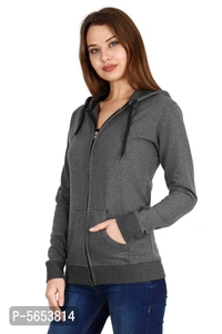Stylish Cotton Black & Grey Solid Zip Open Full Sleeves Hooded Sweatshirt For Women - M, Multicoloured