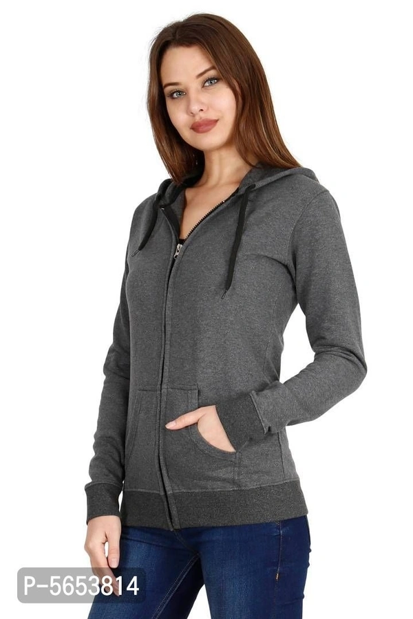 Stylish Cotton Black & Grey Solid Zip Open Full Sleeves Hooded Sweatshirt For Women - M, Multicoloured