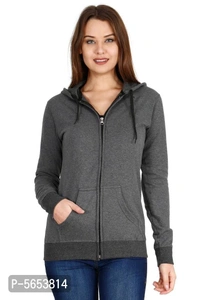 Stylish Cotton Black & Grey Solid Zip Open Full Sleeves Hooded Sweatshirt For Women - M, Multicoloured