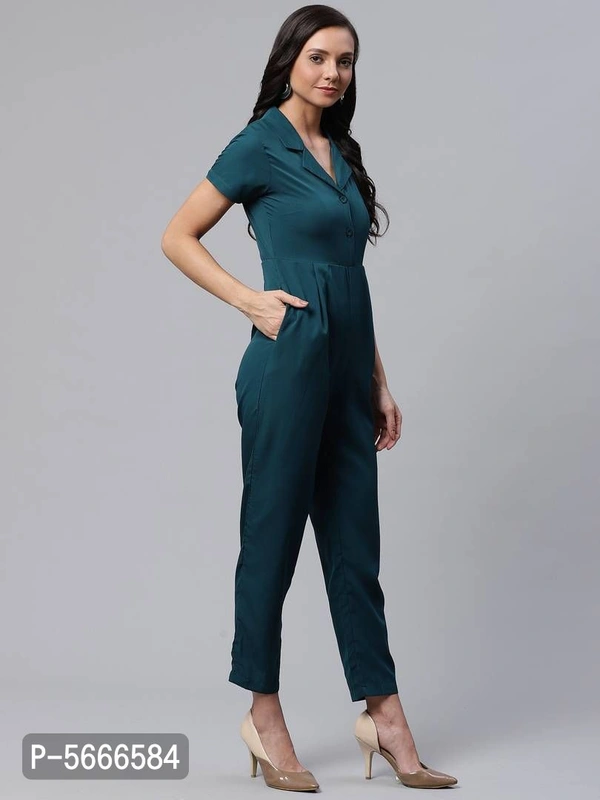 Solid V-Neck Jumpsuit - Green, XS