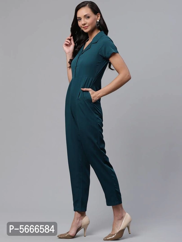 Solid V-Neck Jumpsuit - S, Green