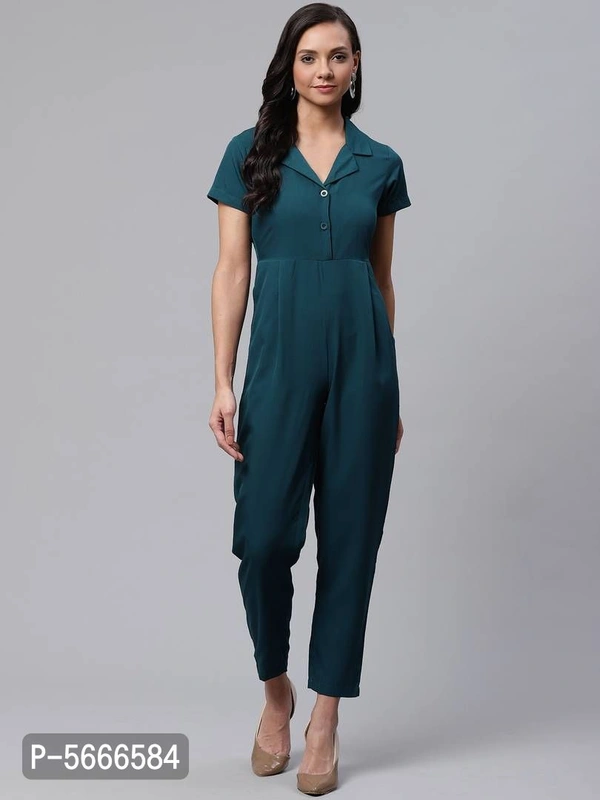 Solid V-Neck Jumpsuit - M, Green
