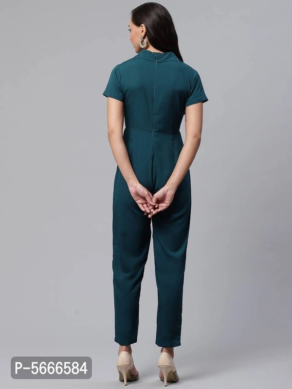 Solid V-Neck Jumpsuit - M, Green