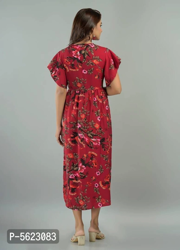 Women's Poly Crepe Printed Dress - Maroon, L