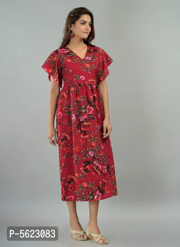Women's Poly Crepe Printed Dress - Maroon, 2XL