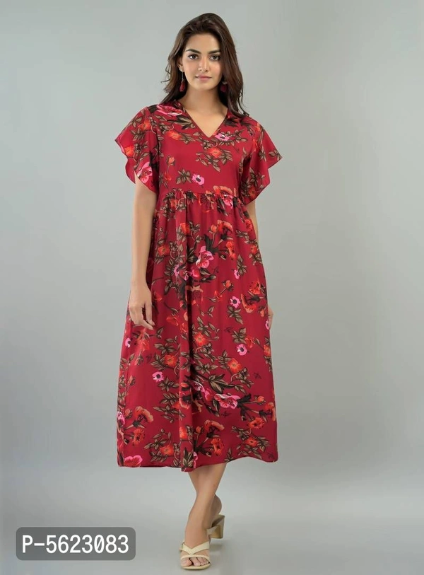 Women's Poly Crepe Printed Dress - Maroon, 2XL