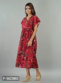 Women's Poly Crepe Printed Dress - Maroon, 2XL