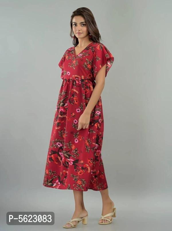 Women's Poly Crepe Printed Dress - Maroon, 2XL