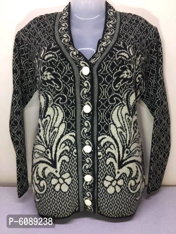 Stylish Wool Printed Long Sleeves Sweater For Women - Black, Free Size (Bust Size: 19 in,  Length Size: 25 in) ।। 