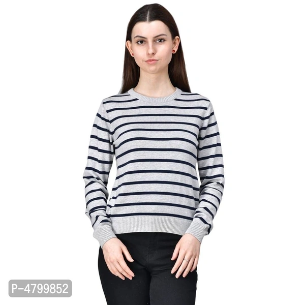 Elite White Cotton Full Sleeve Striped Round Neck Casual Pullover Sweater For Women - L, White