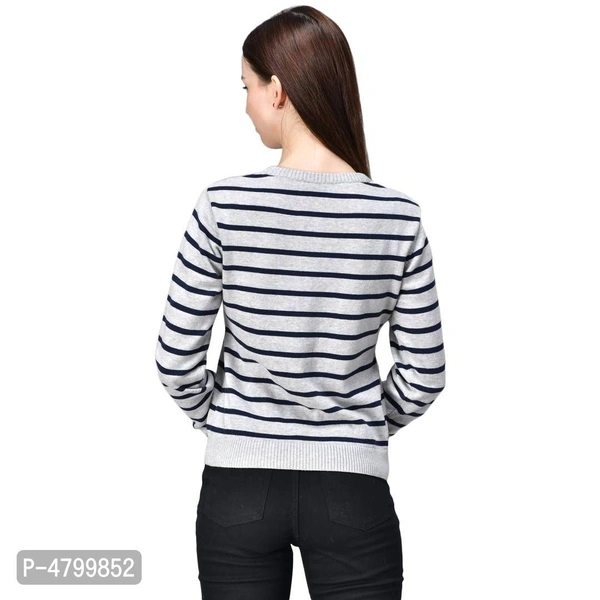 Elite White Cotton Full Sleeve Striped Round Neck Casual Pullover Sweater For Women - L, White
