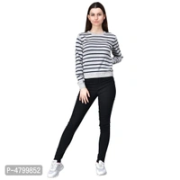 Elite White Cotton Full Sleeve Striped Round Neck Casual Pullover Sweater For Women - L, White