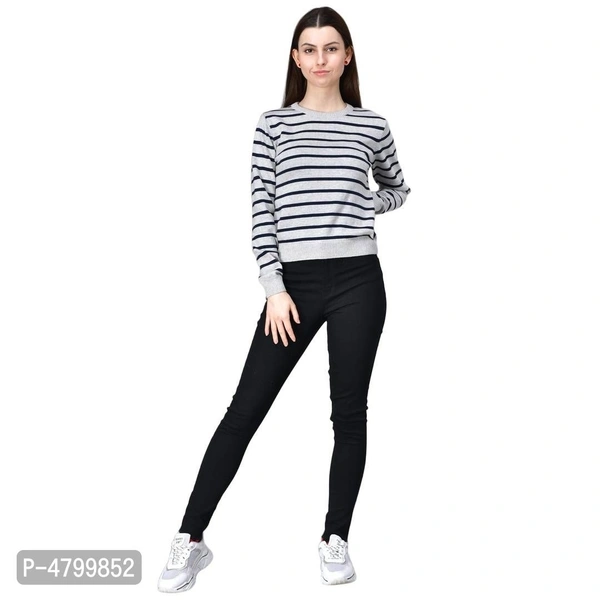 Elite White Cotton Full Sleeve Striped Round Neck Casual Pullover Sweater For Women - L, White