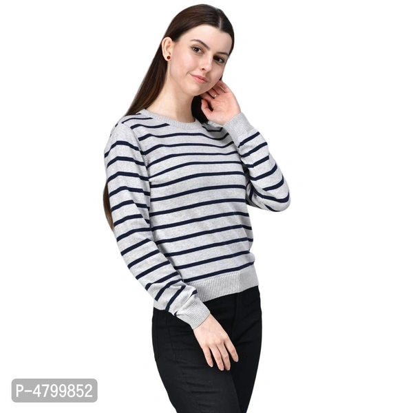 Elite White Cotton Full Sleeve Striped Round Neck Casual Pullover Sweater For Women - L, White