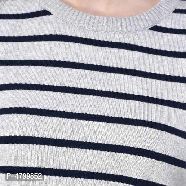 Elite White Cotton Full Sleeve Striped Round Neck Casual Pullover Sweater For Women - L, White