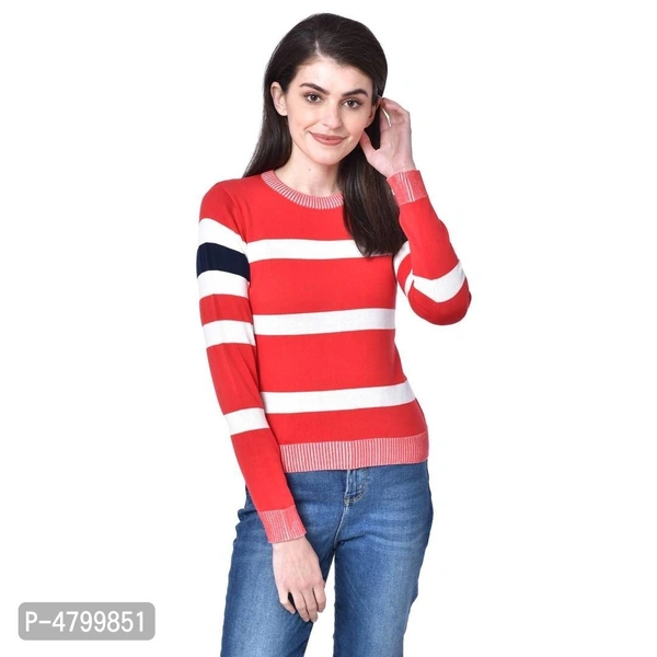 Elite Red Cotton Full Sleeve Striped Round Neck Casual Pullover Sweater For Women - Red, S