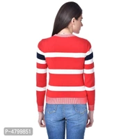 Elite Red Cotton Full Sleeve Striped Round Neck Casual Pullover Sweater For Women - Red, S