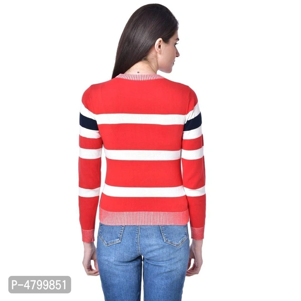 Elite Red Cotton Full Sleeve Striped Round Neck Casual Pullover Sweater For Women - Red, S
