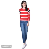 Elite Red Cotton Full Sleeve Striped Round Neck Casual Pullover Sweater For Women - Red, S