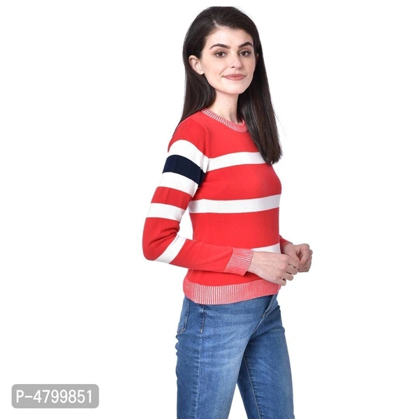Elite Red Cotton Full Sleeve Striped Round Neck Casual Pullover Sweater For Women - Red, S