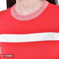 Elite Red Cotton Full Sleeve Striped Round Neck Casual Pullover Sweater For Women - Red, S