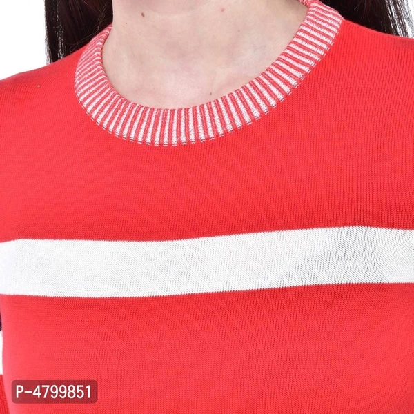 Elite Red Cotton Full Sleeve Striped Round Neck Casual Pullover Sweater For Women - Red, S