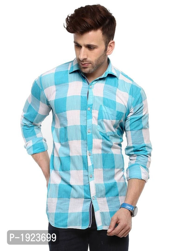Hangup Turquoise Cotton Blend Checked Slim Fit Casual Shirt - Turquoise, Size: 44, Chest: 48.0 (inches)