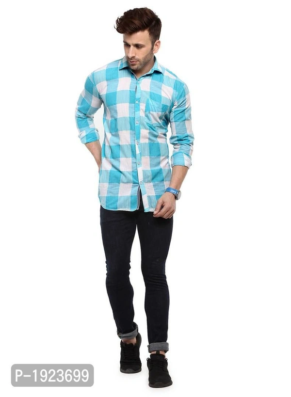 Hangup Turquoise Cotton Blend Checked Slim Fit Casual Shirt - Turquoise, Size: 44, Chest: 48.0 (inches)