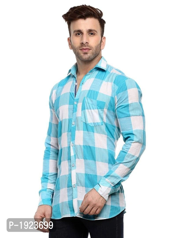 Hangup Turquoise Cotton Blend Checked Slim Fit Casual Shirt - Turquoise, Size: 44, Chest: 48.0 (inches)