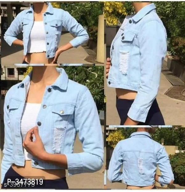 Women's Denim Solid Jacket - BLUE, M