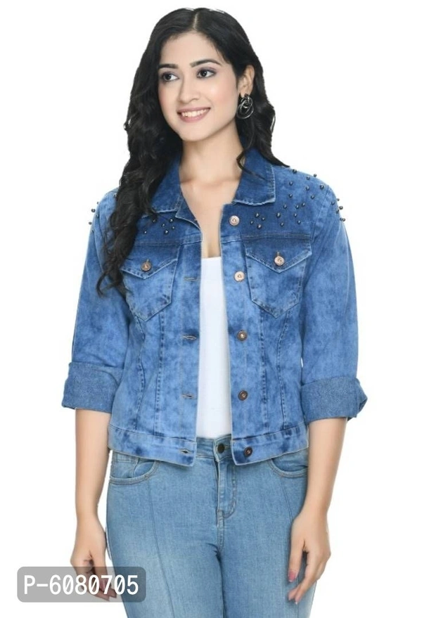 Alluring Blue Denim Self Pattern Jacket For Women - Blue, S-36