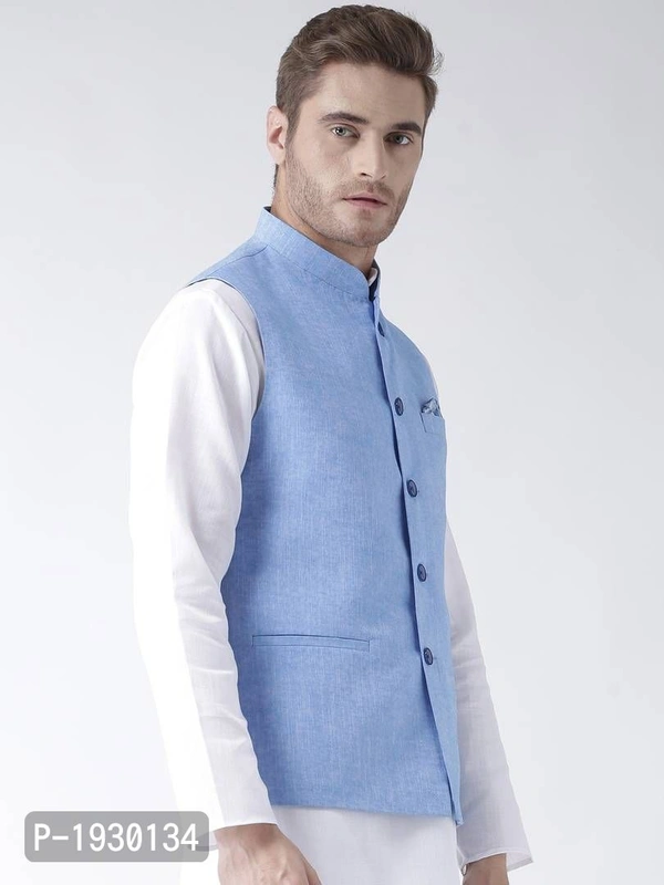 Blue Blended Solid Nehru Jackets - 44, Blue