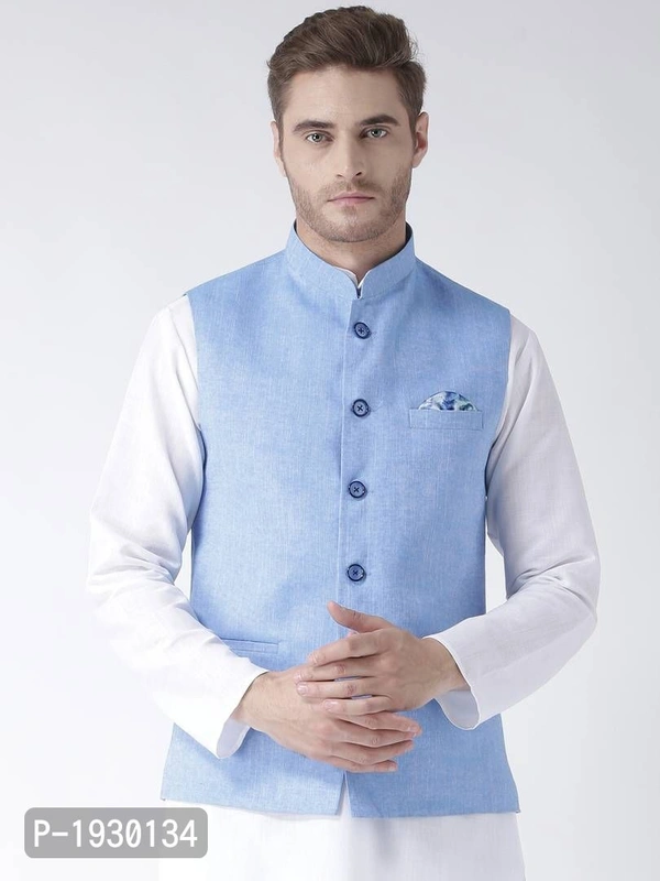 Blue Blended Solid Nehru Jackets - 44, Blue