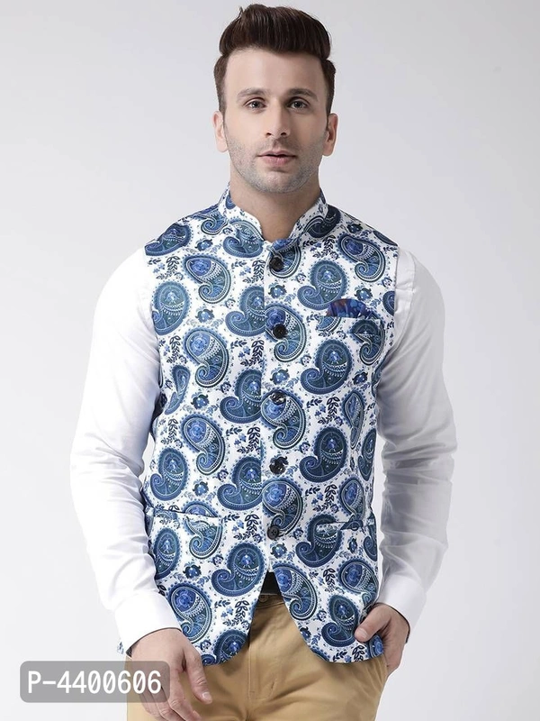 Elite White Polyester Viscose Printed Ethnic Waistcoat For Men - 42, White