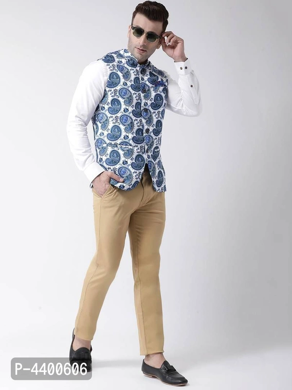 Elite White Polyester Viscose Printed Ethnic Waistcoat For Men - 44, White