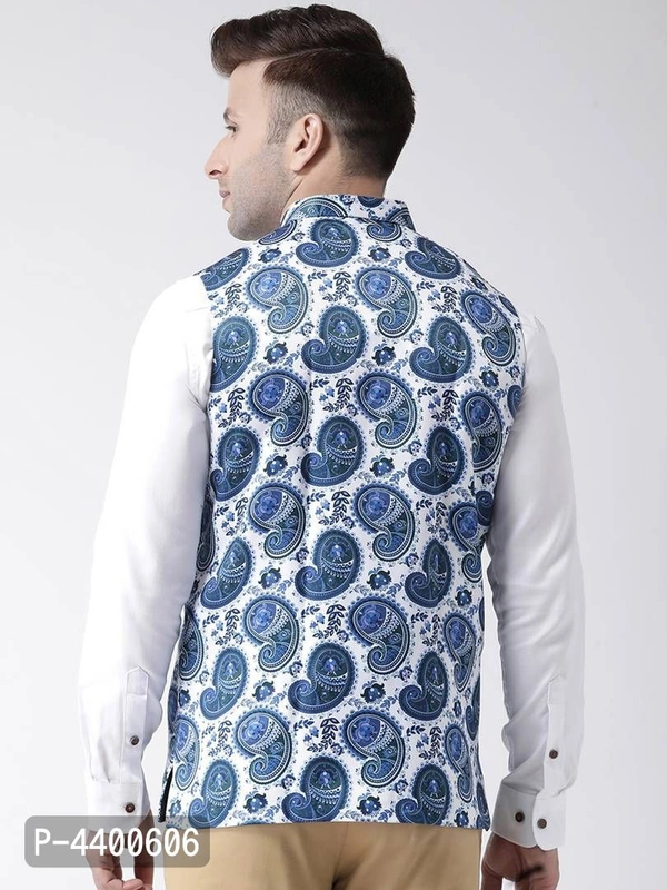 Elite White Polyester Viscose Printed Ethnic Waistcoat For Men - 44, White